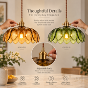 Vintage Green Glass Pendant Light with Wooden Holder & E-27 Bulb Socket | Adjustable Hanging Ceiling Light for Dining Room, Kitchen & Café