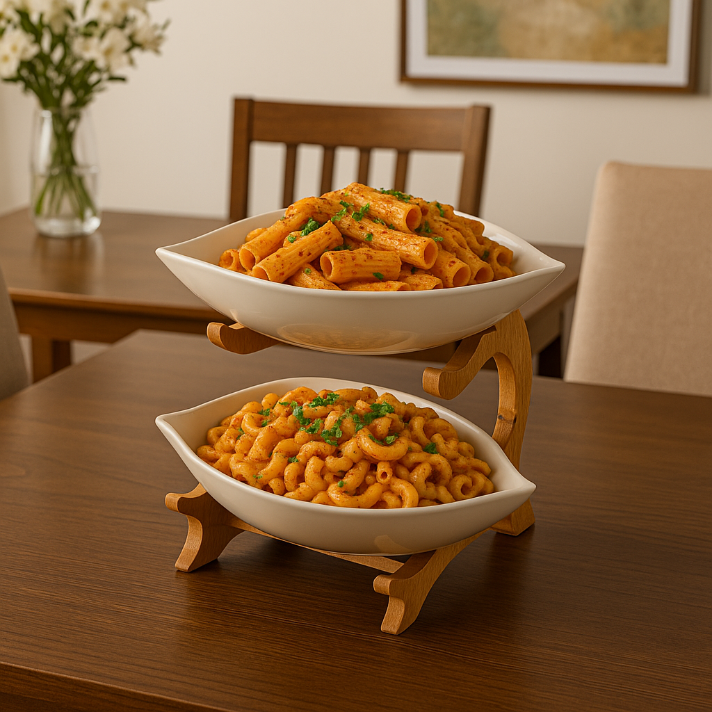 2-Tier Ceramic Serving Bowls with Wooden Stand | Snack & Salad Server | Modern Tableware