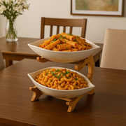 2-Tier Ceramic Serving Bowls with Wooden Stand | Snack & Salad Server | Modern Tableware