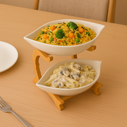 2-Tier Ceramic Serving Bowls with Wooden Stand | Snack & Salad Server | Modern Tableware