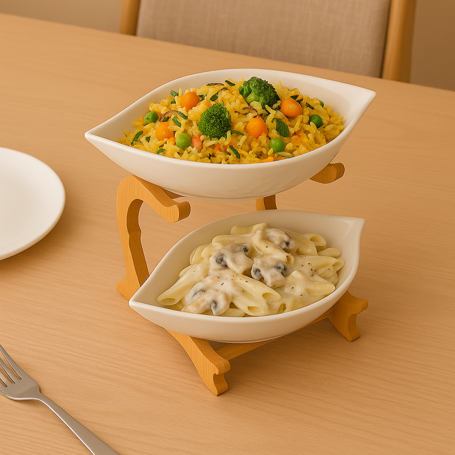 2-Tier Ceramic Serving Bowls with Wooden Stand | Snack & Salad Server | Modern Tableware