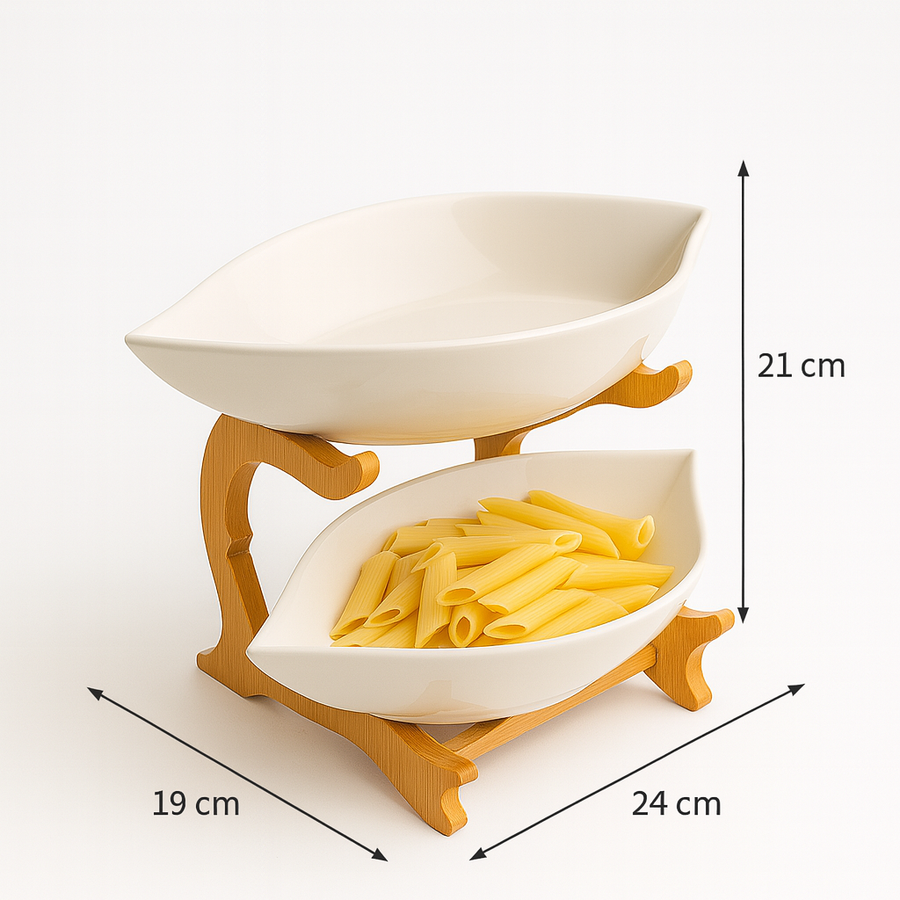 2-Tier Ceramic Serving Bowls with Wooden Stand | Snack & Salad Server | Modern Tableware