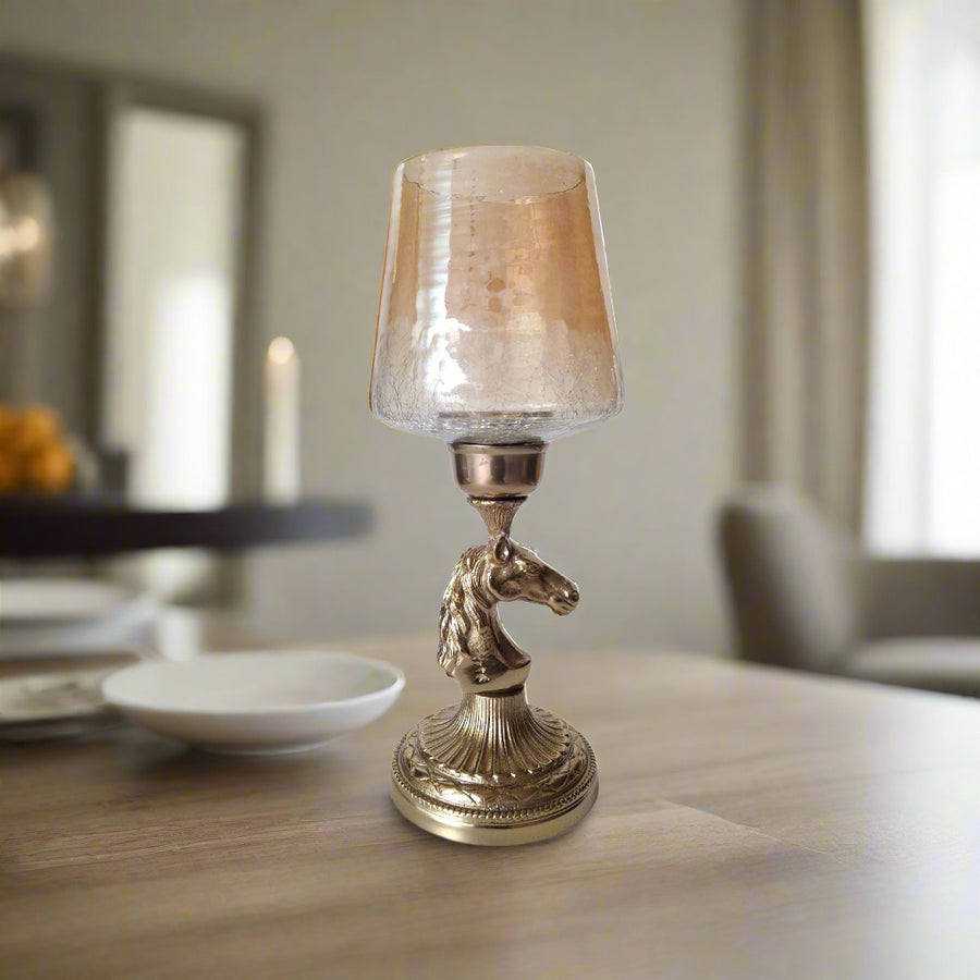 Luxury Horse Head Decorative Candle Holder with Crackle Glass Shade
