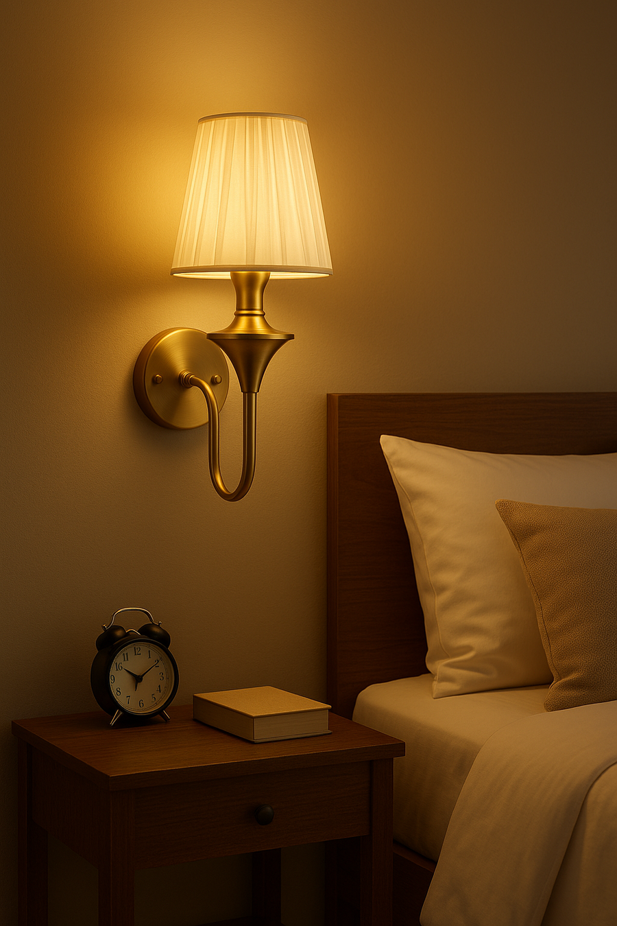 Golden Wall Mounted Lamp with Fabric Shade – Classic Brass Finish