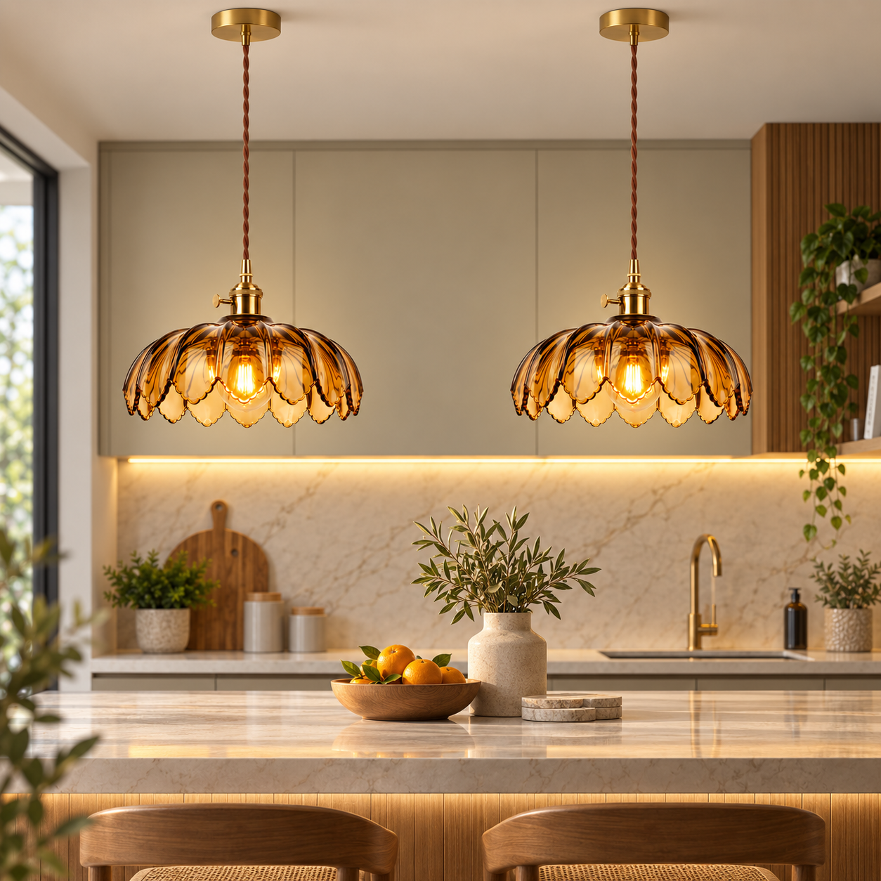 Vintage Amber Glass Pendant Light with Wooden Accent & E27 Holder | Decorative Hanging Ceiling Lamp for Dining, Kitchen & Café
