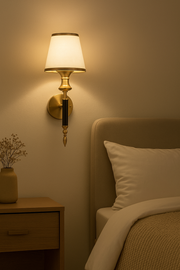 Luxury Brass & White Wall Sconce Light with Fabric Shade – Elegant Decorative Wall Lamp for Living Room, Bedroom & Hallway