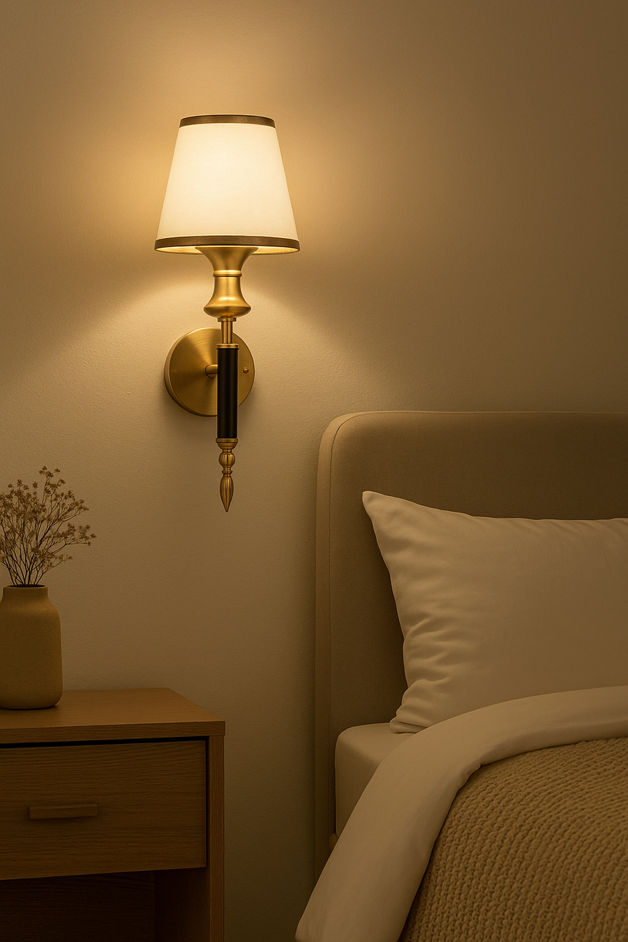 Luxury Brass & White Wall Sconce Light with Fabric Shade – Elegant Decorative Wall Lamp for Living Room, Bedroom & Hallway