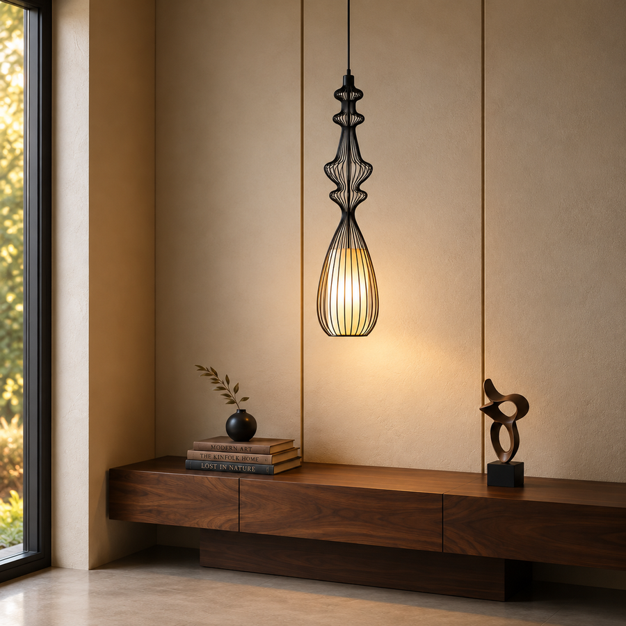 Metal modern black cage Pendant Light with Frosted Diffuser | Sculptural Hanging Lamp