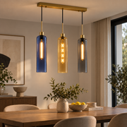 Coral Tree Blue, Amber & Smoke Glass 3-Light Linear Pendant Light with Gold Finish | Adjustable Hanging Ceiling Lamp