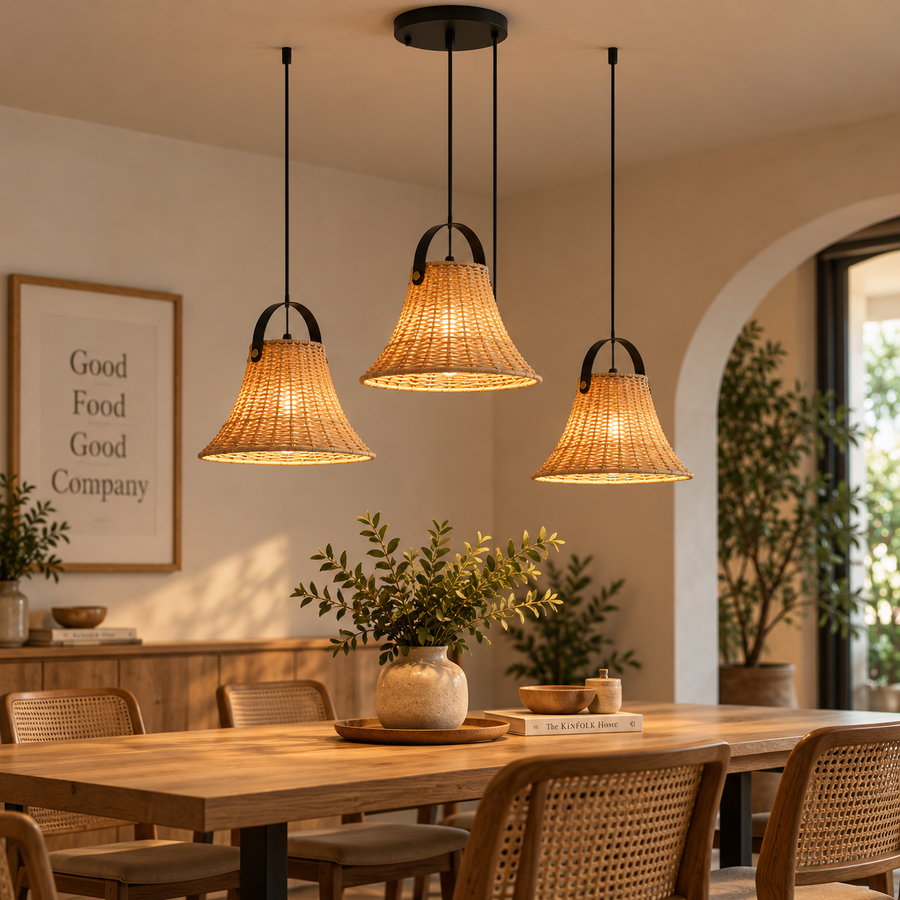 Coral Tree Handwoven Rattan Pendant Light, Natural Wicker Bell-Shaped Hanging Lamp with Black Metal Handle, E27 Holder, Adjustable Height up to 100 cm, Boho Ceiling Light for Dining Room, Café, Kitchen & Living Room