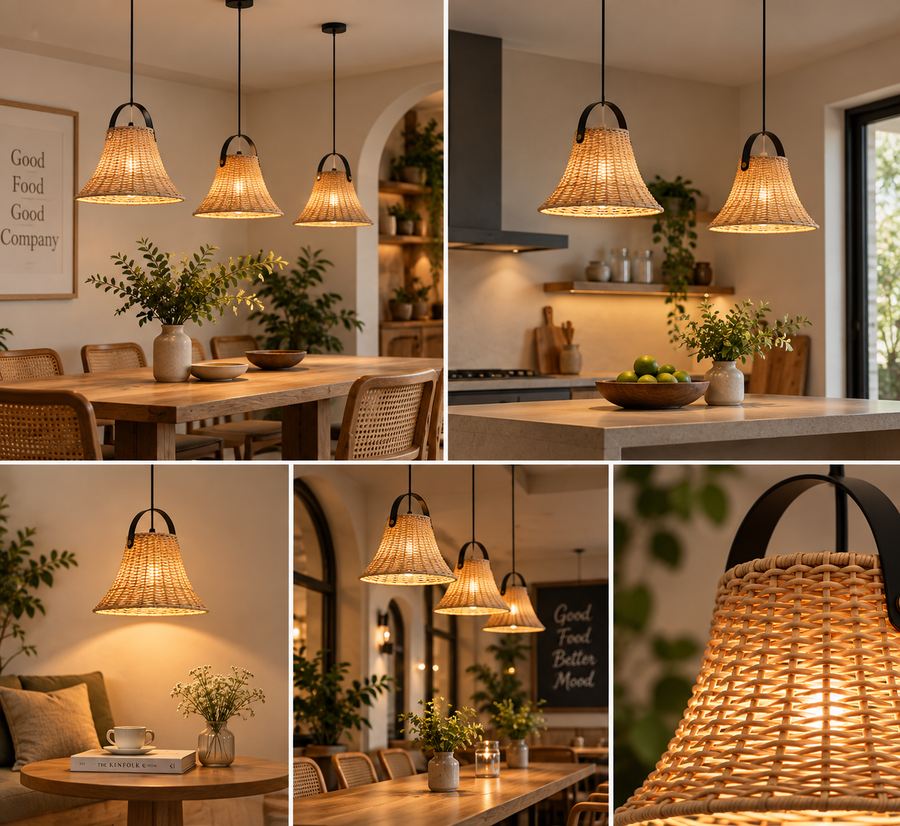 Coral Tree Handwoven Rattan Pendant Light, Natural Wicker Bell-Shaped Hanging Lamp with Black Metal Handle, E27 Holder, Adjustable Height up to 100 cm, Boho Ceiling Light for Dining Room, Café, Kitchen & Living Room