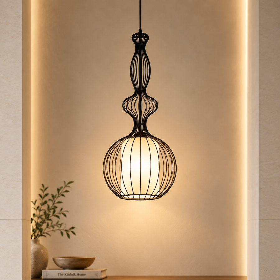 Designer Cage Pendant Light | Metal Frame Hanging Lamp | Adjustable Height Ceiling Light