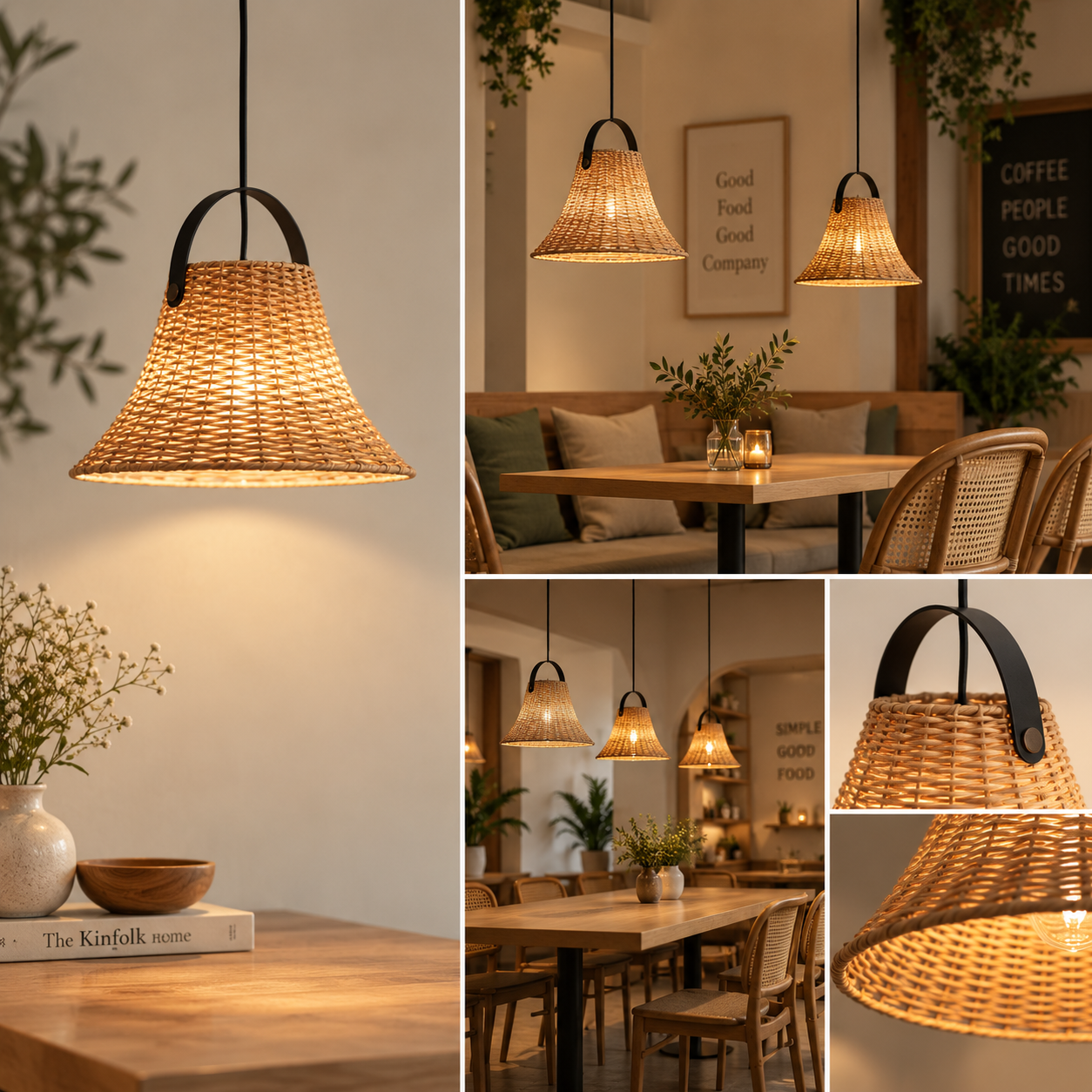 Coral Tree Handwoven Rattan Pendant Light, Natural Wicker Bell-Shaped Hanging Lamp with Black Metal Handle, E27 Holder, Adjustable Height up to 100 cm, Boho Ceiling Light for Dining Room, Café, Kitchen & Living Room
