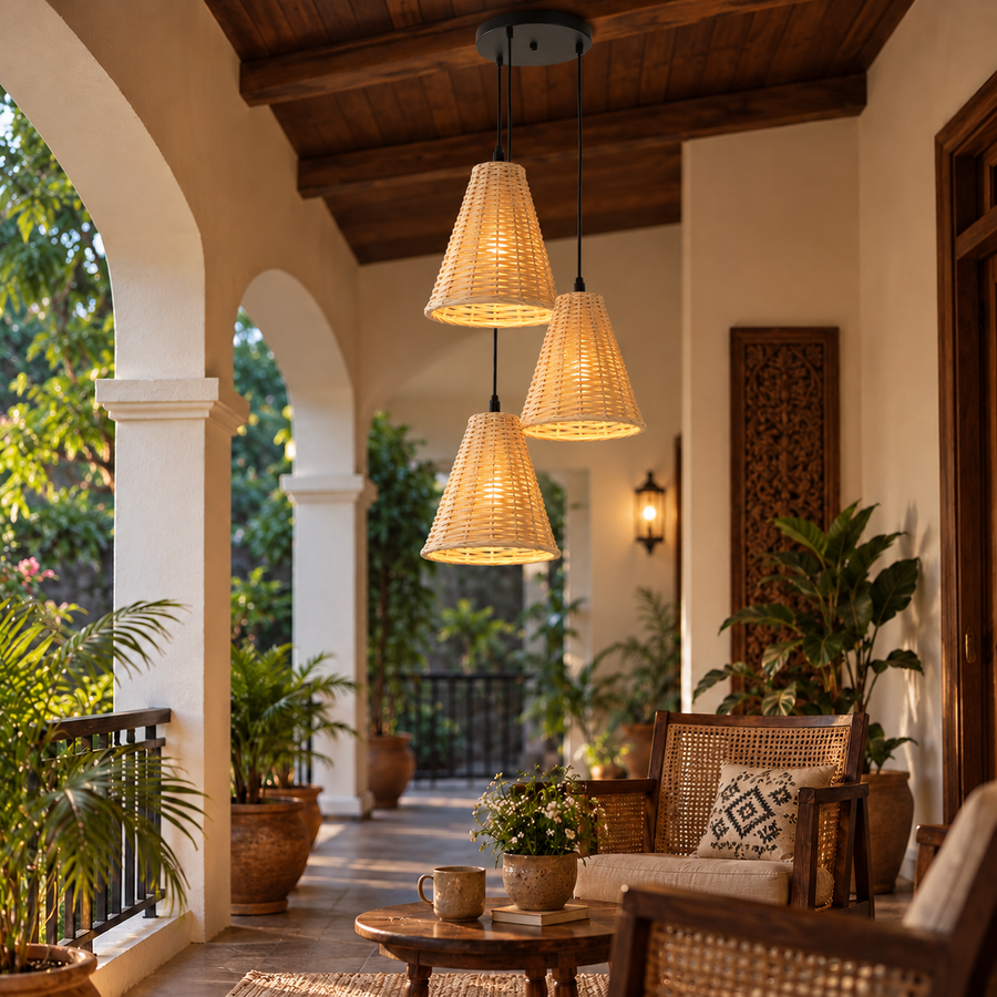 Coral Tree Set of 3 Handwoven Natural Rattan Pendant Hanging Lights