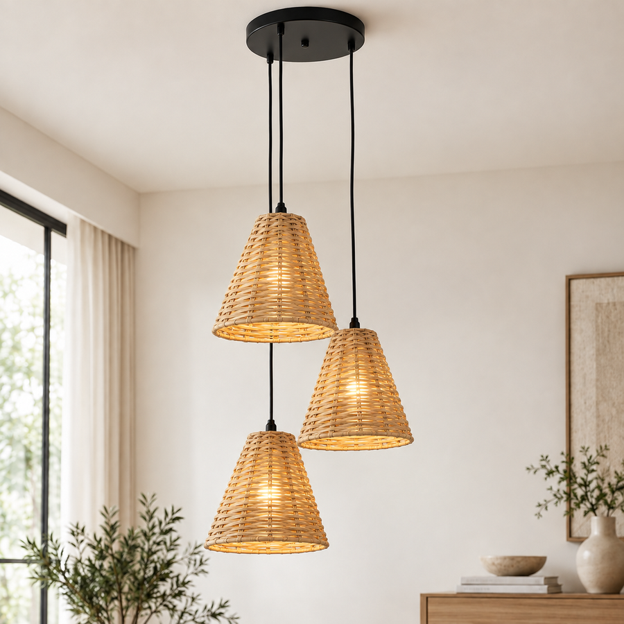 Coral Tree Set of 3 Handwoven Natural Rattan Pendant Hanging Lights