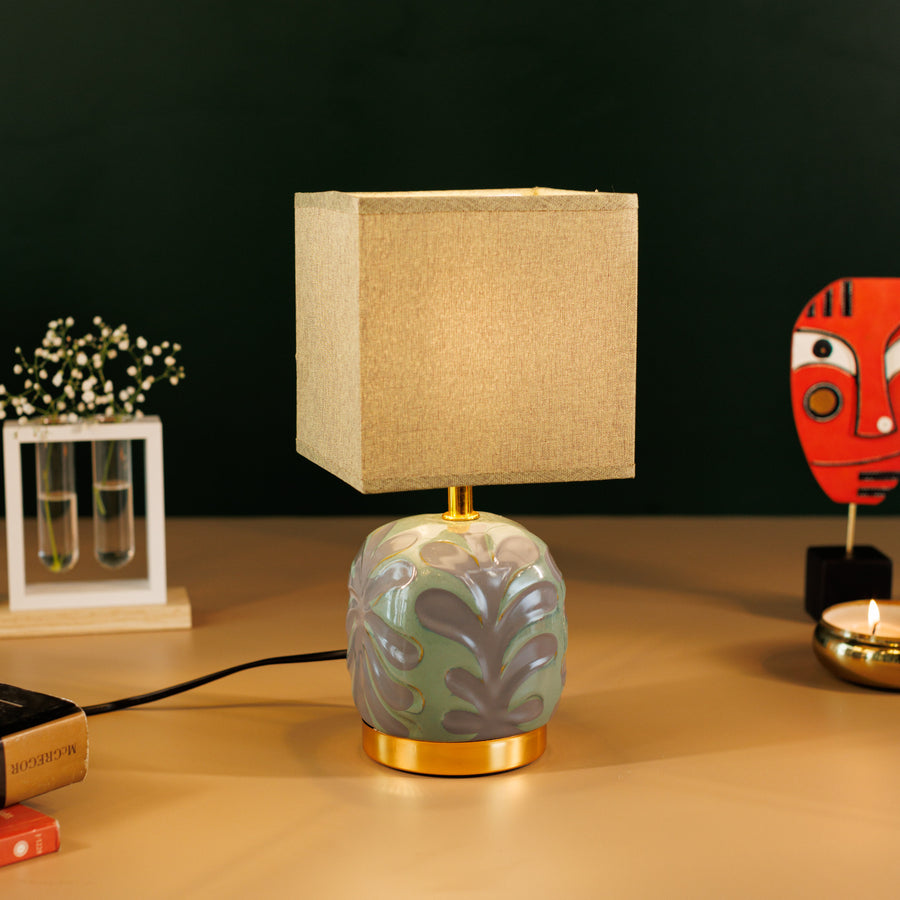 Nordic Simple Ceramic Vase Table Lamp with Fabric Lampshade - olive Green