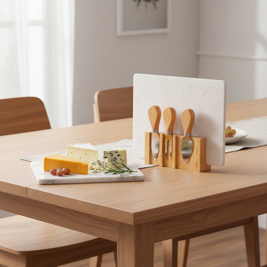 Mini Bamboo Cheese Board Set with Marble & Knives Style 3