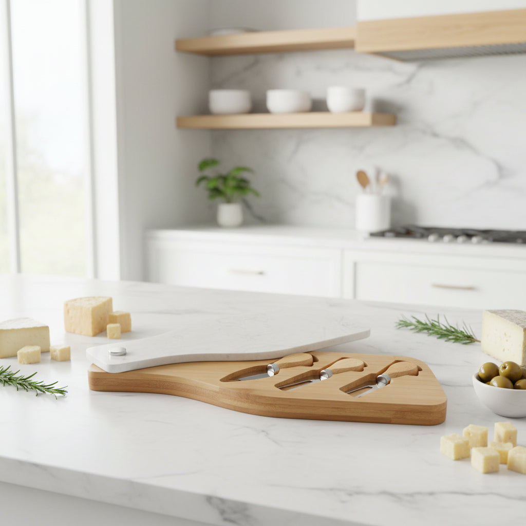 Bamboo Cheese Board Set with Marble Plate & Knives Style 1