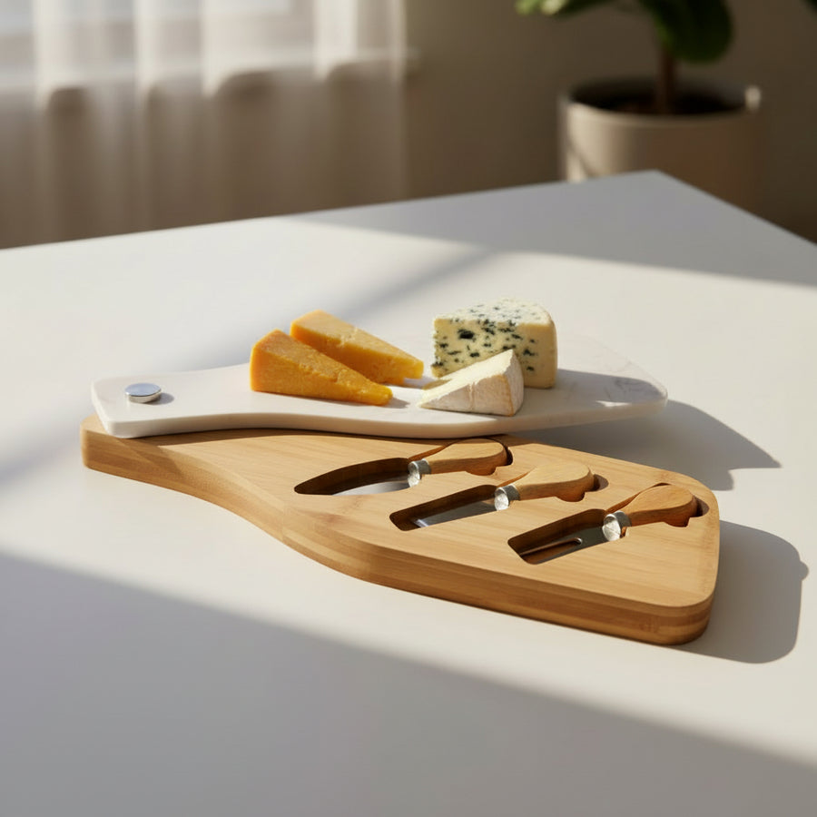 Bamboo Cheese Board Set with Marble Plate & Knives Style 1