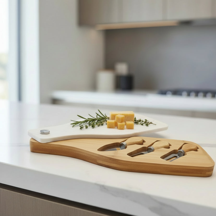 Bamboo Cheese Board Set with Marble Plate & Knives Style 1