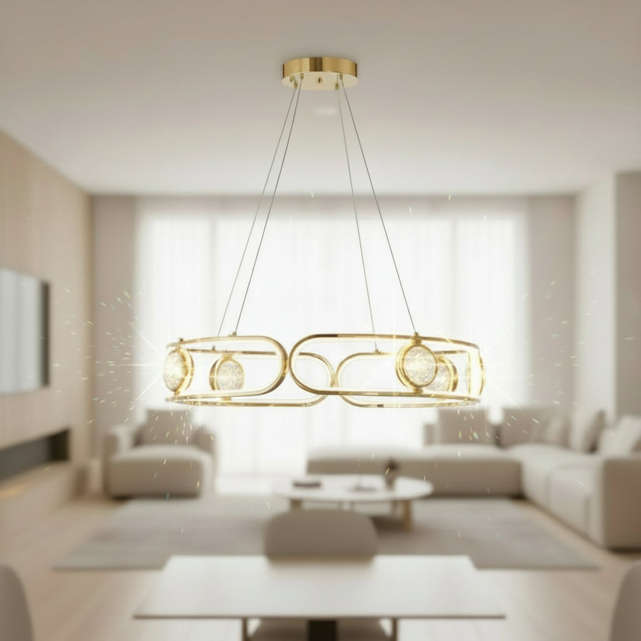 Modern Gold LED Ring Chandelier | Adjustable 80 cm Hanging Ceiling Light with Crystal Accents