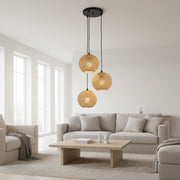 Coral Tree Triple Rattan Cluster Pendant Light – Handwoven Hanging Ceiling Lamp with Adjustable Black Cords