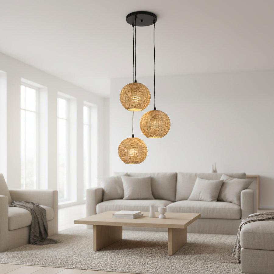 Coral Tree Triple Rattan Cluster Pendant Light – Handwoven Hanging Ceiling Lamp with Adjustable Black Cords