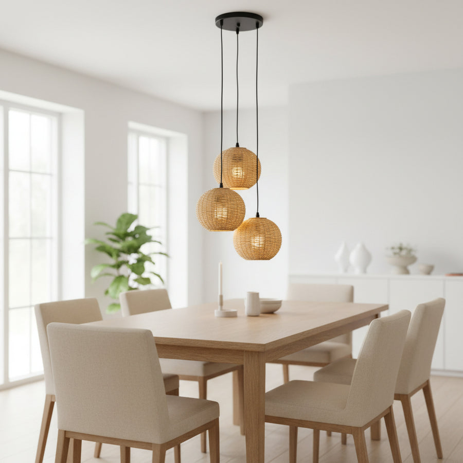 Coral Tree Triple Rattan Cluster Pendant Light – Handwoven Hanging Ceiling Lamp with Adjustable Black Cords