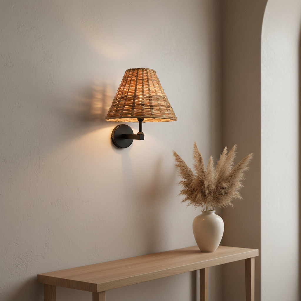 Handwoven Rattan Wall Light (Set of 2) – Matte Black Metal Arm – E14 Holder – Warm Decorative Bedside Wall Lamp