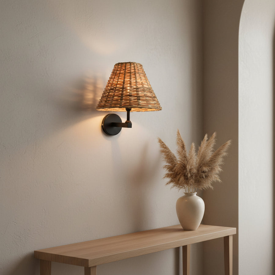 Handwoven Rattan Wall Light (Set of 2) – Matte Black Metal Arm – E14 Holder – Warm Decorative Bedside Wall Lamp