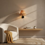 Handwoven Rattan Wall Light (Set of 2) – Matte Black Metal Arm – E14 Holder – Warm Decorative Bedside Wall Lamp