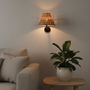 Handwoven Rattan Wall Light (Set of 2) – Matte Black Metal Arm – E14 Holder – Warm Decorative Bedside Wall Lamp