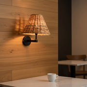 Handwoven Rattan Wall Light (Set of 2) – Matte Black Metal Arm – E14 Holder – Warm Decorative Bedside Wall Lamp