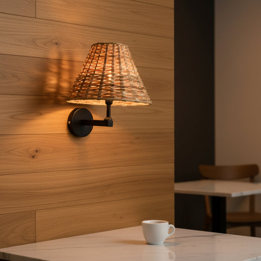 Handwoven Rattan Wall Light (Set of 2) – Matte Black Metal Arm – E14 Holder – Warm Decorative Bedside Wall Lamp