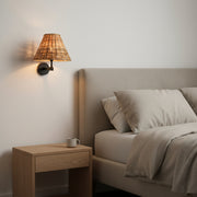 Handwoven Rattan Wall Light (Set of 2) – Matte Black Metal Arm – E14 Holder – Warm Decorative Bedside Wall Lamp