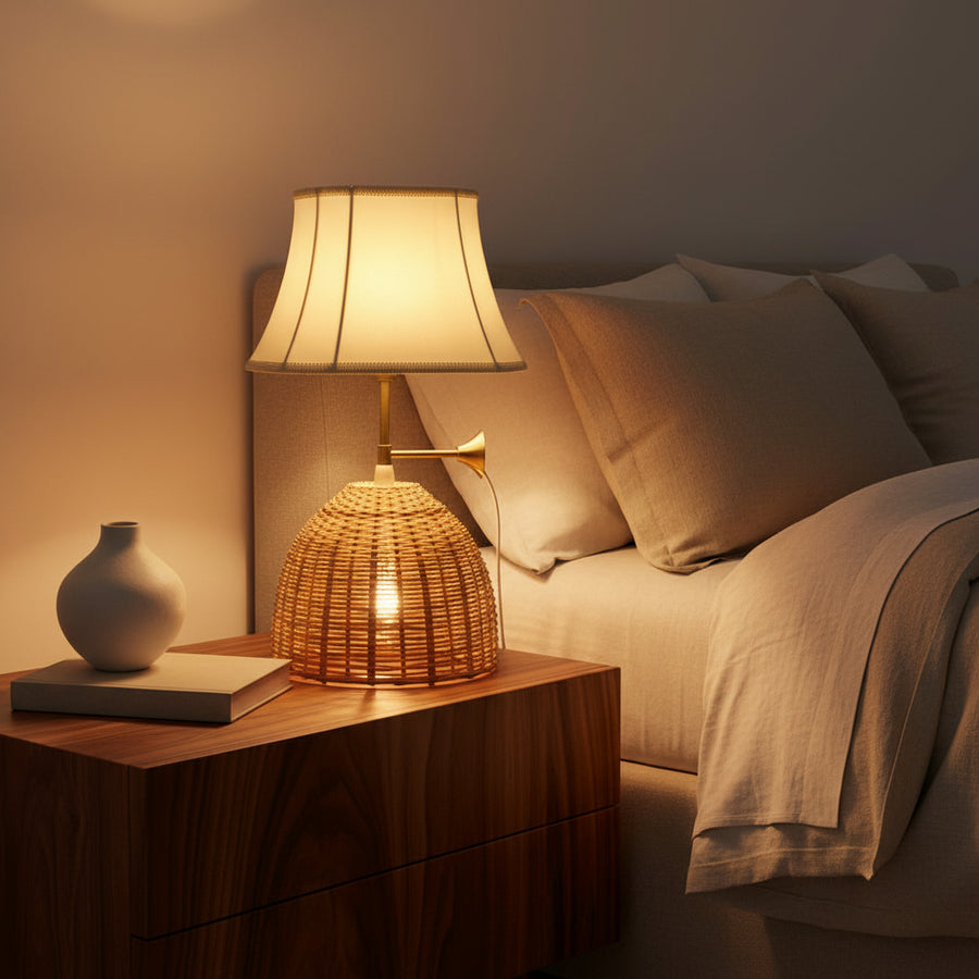 Dual-Light Rattan & Fabric Luxury Table Lamp with Brass Accent – E14 + E27