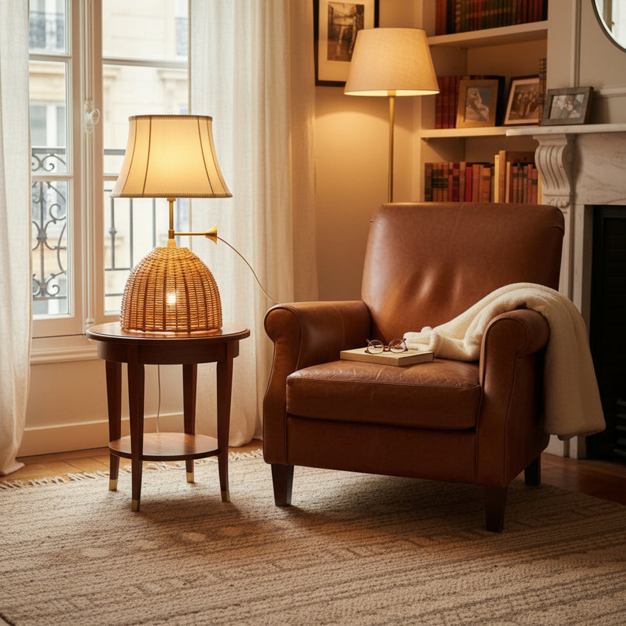 Dual-Light Rattan & Fabric Luxury Table Lamp with Brass Accent – E14 + E27