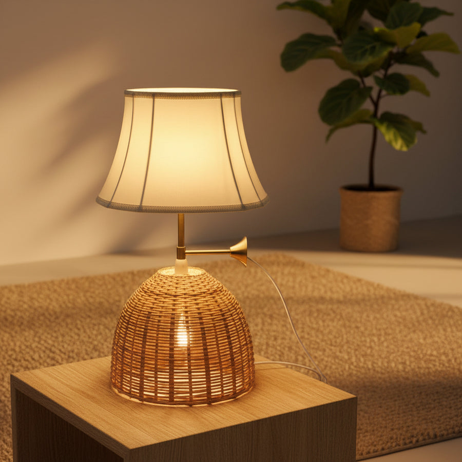 Dual-Light Rattan & Fabric Luxury Table Lamp with Brass Accent – E14 + E27