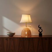 Dual-Light Rattan & Fabric Luxury Table Lamp with Brass Accent – E14 + E27