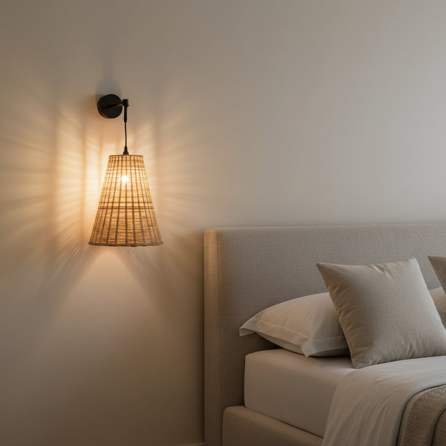 Handwoven Conical Rattan Wall Light – Adjustable Hanging Wall Lamp | Natural Beige Shade