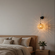 Handwoven Round Rattan Wall Light with Adjustable Drop Rod | Natural Wicker Wall Lamp | Matte Black Metal Arm