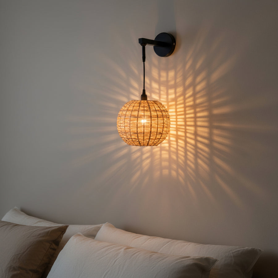 Handwoven Round Rattan Wall Light with Adjustable Drop Rod | Natural Wicker Wall Lamp | Matte Black Metal Arm