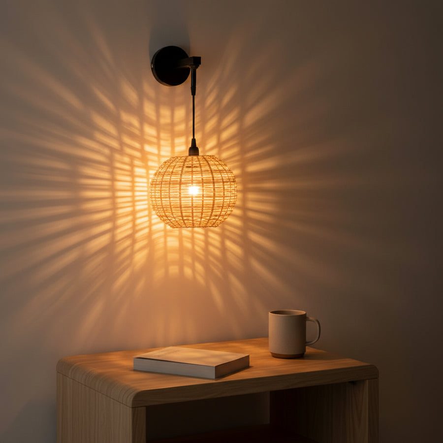 Handwoven Round Rattan Wall Light with Adjustable Drop Rod | Natural Wicker Wall Lamp | Matte Black Metal Arm