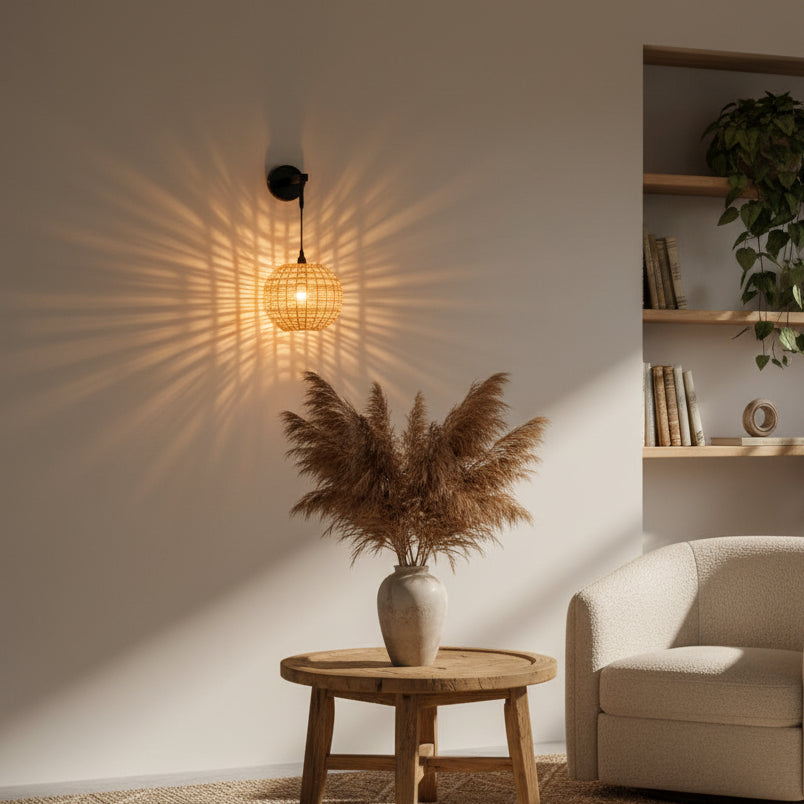 Handwoven Round Rattan Wall Light with Adjustable Drop Rod | Natural Wicker Wall Lamp | Matte Black Metal Arm