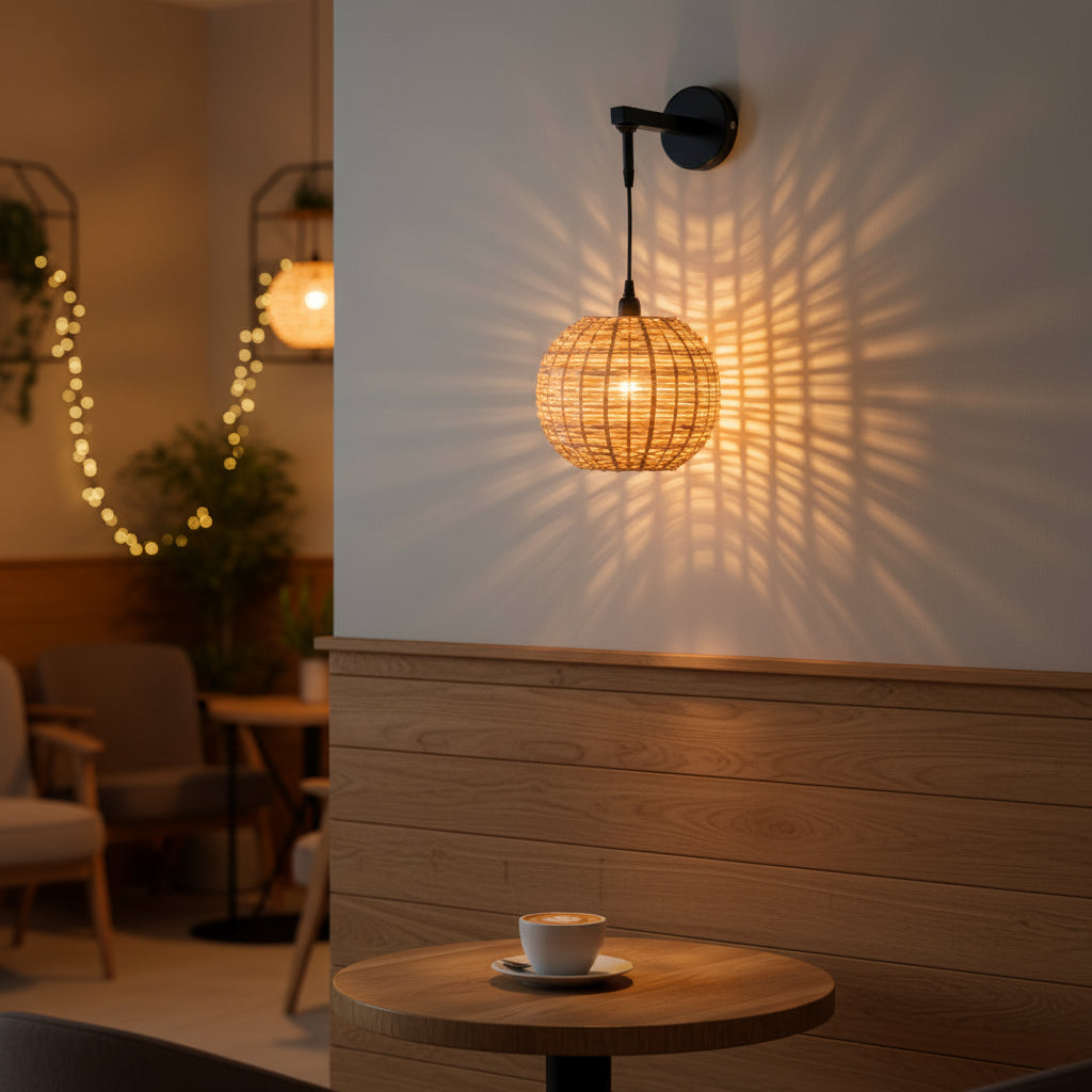 Handwoven Round Rattan Wall Light with Adjustable Drop Rod | Natural Wicker Wall Lamp | Matte Black Metal Arm