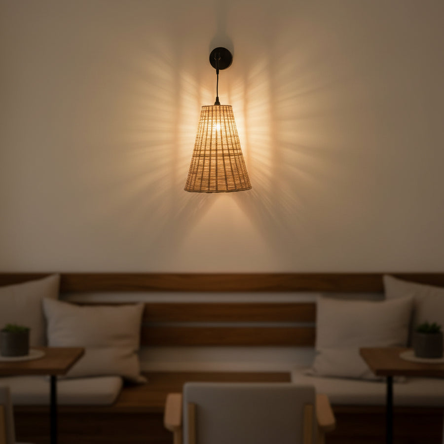 Handwoven Conical Rattan Wall Light – Adjustable Hanging Wall Lamp | Natural Beige Shade