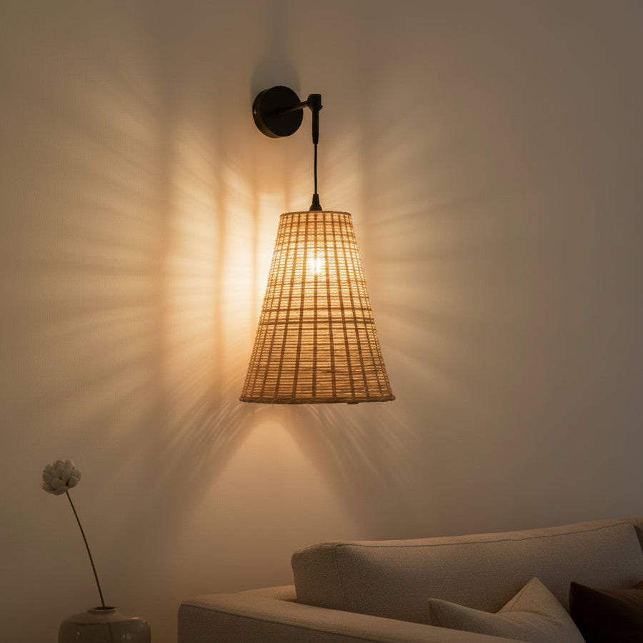 Handwoven Conical Rattan Wall Light – Adjustable Hanging Wall Lamp | Natural Beige Shade