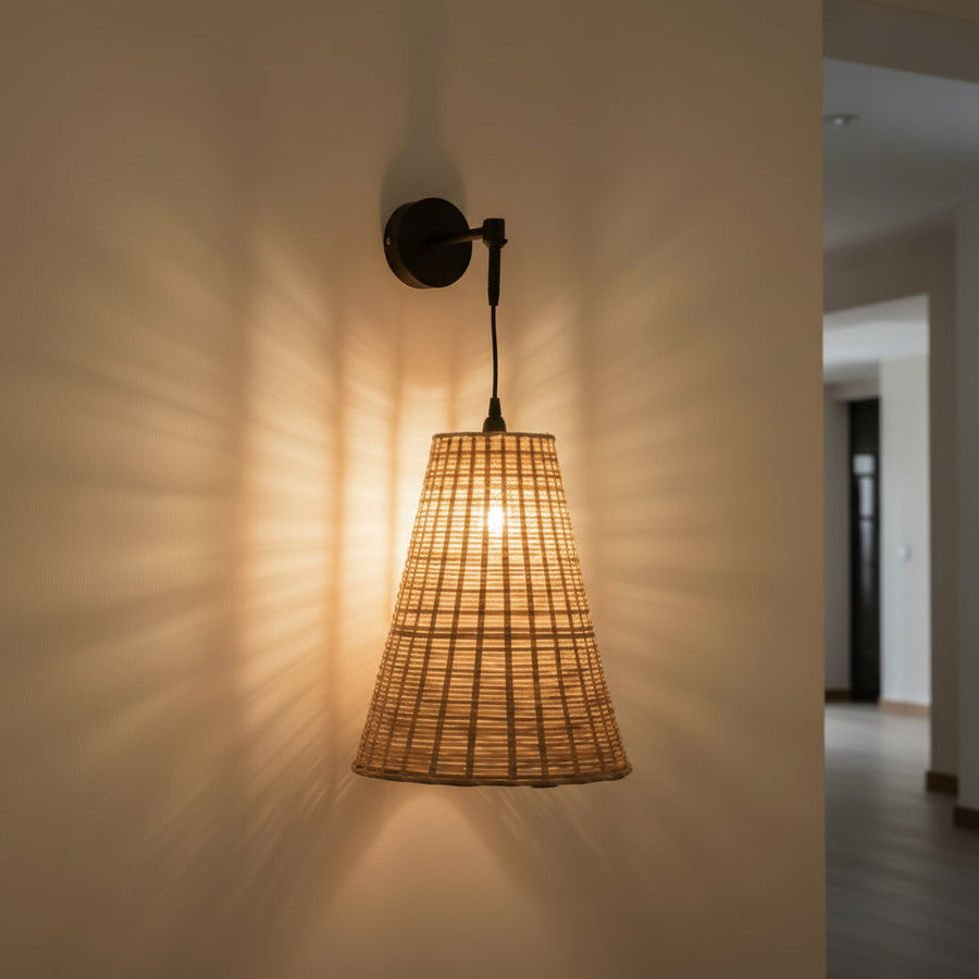 Handwoven Conical Rattan Wall Light – Adjustable Hanging Wall Lamp | Natural Beige Shade