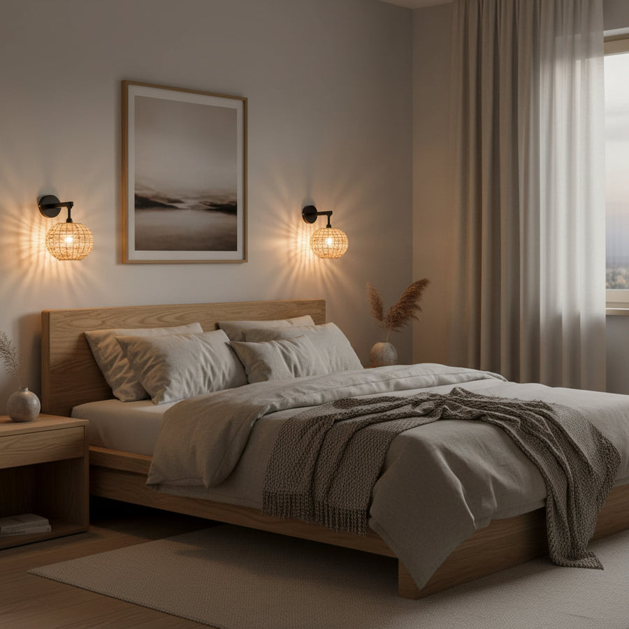 Handwoven Rattan Wall Lamp with Black Metal Arm | Warm Ambient Wall Light | Natural Boho Decor | H25 x D25 x W22 cm