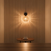 Handwoven Rattan Wall Lamp with Black Metal Arm | Warm Ambient Wall Light | Natural Boho Decor | H25 x D25 x W22 cm